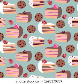 Cakes and cookies seamless vector pattern. Cute dessert surface print design. For birdhday cards, gift wrap, cooking blogs, catering, and cafes. To be tiled on fabrics, stationery and packaging.