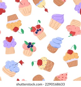 Cakes with cream, berries and decoration seamless pattern. Background with cupcakes. Cute delicious cupcakes, print for textile, packaging, digital paper, vector illustration