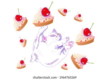 Cakes with cream and cute fluffy expressive  kitten. Can be used 
to print dessert packaging, postcards, wallpapers, banner 