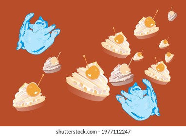 Cakes with cream and cute fluffy expressive  kitten. Can be used to print dessert packaging, postcards, wallpapers, banner ads