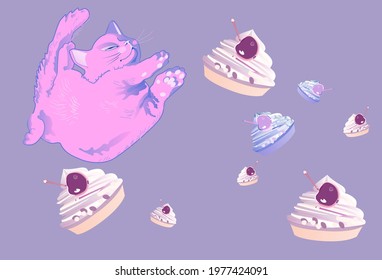 Cakes with cream and cute fluffy expressive  kitten. Can be used to print dessert packaging, postcards, wallpapers, banner ads