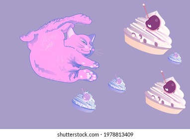 Cakes with cream and cute fluffy expressive  kitten. Can be used to print dessert packaging, postcards, wallpapers, banner ads