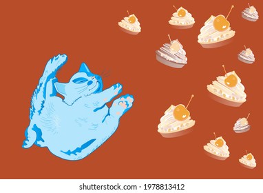 Cakes with cream and cute fluffy expressive  kitten. Can be used to print dessert packaging, postcards, wallpapers, banner ads