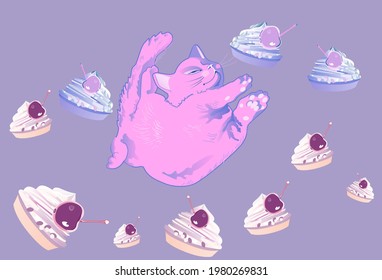 Cakes with cream and cute fluffy expressive  kitten. Can be used to print dessert packaging, postcards, wallpapers, banner ads