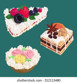 Cakes with cream, nuts, berries and coffee on blue-green background