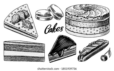 Cakes and cream tarts, fruit desserts and muffins. Chocolate Donuts, Sweet Food. Hand drawn pastries. Vintage engraved sketch. Vector illustration for a banner or menu of a cafe and restaurant.