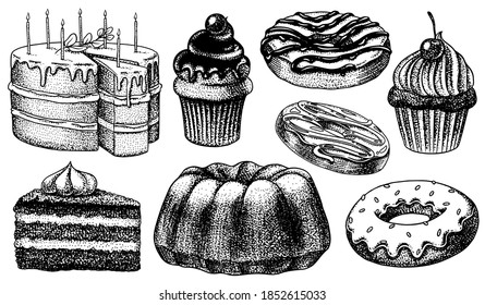 Cakes and cream tarts, fruit desserts and muffins. Chocolate Donuts, Sweet Food. Hand drawn pastries. Vintage engraved sketch. Vector illustration for a banner or menu of a cafe and restaurant.