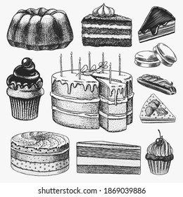 Cakes and cream tarts, fruit desserts and muffins. Chocolate Donuts, Sweet Food. Hand drawn pastries. Vintage engraved sketch. Vector illustration for a banner or menu of a cafe and restaurant.