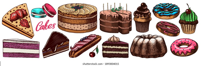 Cakes and cream tarts, fruit desserts and muffins. Chocolate Donuts, Sweet Food. Hand drawn pastries. Vintage engraved sketch. Vector illustration for a banner or menu of a cafe and restaurant.