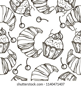 Cakes and Croissants seamless pattern. Hand drawn illustration. Cupcakes vector.