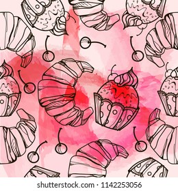 Cakes and Croissants seamless pattern. Hand drawn illustration. Cupcakes vector.