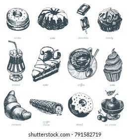 Cakes and cup of coffee. Retro food set  in vintage and sketch style. Hand drawn vector illustration