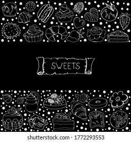 Cakes, cupcake.Doodle style.Set of sweets for the design of a site or store. Vector isolated illustration with cakes, cupcakes, sweets. Design of ads, websites banners. 