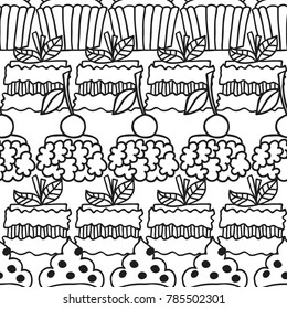 Cakes and cupcakes. Black and white seamless pattern for coloring books or pages. Vector