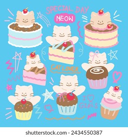 Cakes and cupcakes with cat for cartoon character, comic, mascot, plush toy, doll, sweet dessert, cafe, Valentine's card, patches, stickers, pet, vet, food logo, icon, birthday party, cat lover, logo