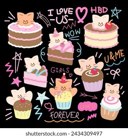 Cakes and cupcakes design with cat for cartoon character, comic, mascot, plush toy, doll, sweet dessert, cafe, Valentine's card, patches, stickers, pet, vet, food logo, icon, birthday party, print, ad