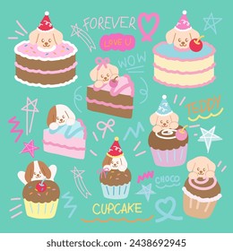 Cakes and cupcakes design with puppy for cartoon character, comic, plush toy, doll, sweet dessert, cafe, Valentine's card, patches, stickers, pet food, vet, logo, icon, birthday party, animal, print