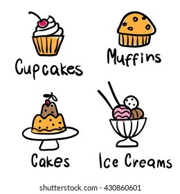 Cakes, cupcakes, muffins, ice cream set. Line drawings. Vector illustration.