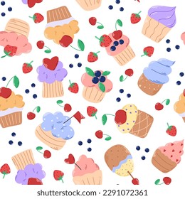 Cakes and cupcakes seamless pattern. Background cakes with cherries, strawberries and blueberries. Cute decorated holiday baking print. Repeat template for textile, packaging, digital paper and design
