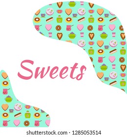 Cakes and cups web banner. Vector illustration of sweets on white background.