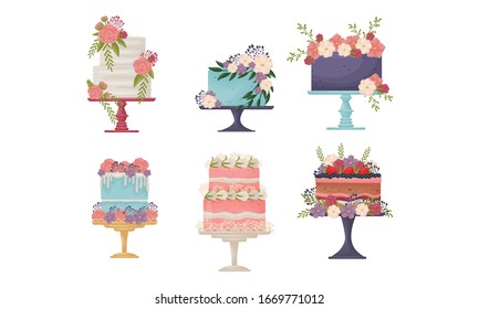 Cakes Decorated with Flowers Standing on Pedestal Cake Plate Vector Set