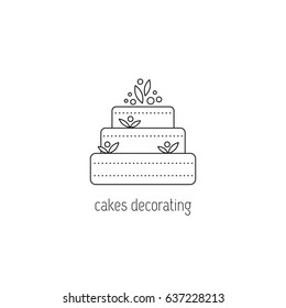 Cakes Decorating Vector Thin Line Icon. A Big Cake. Black On White Isolated Symbol. Logo Template, Element For Business Card Or Workshop Announcement. Simple Mono Linear Modern Design.