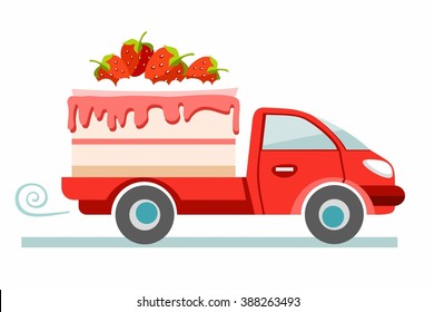 Cakes, delivery, coloured picture. The red car carries the strawberry cake. Production and delivery of cakes. Color flat illustration on white background. Vector. 