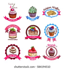 Cakes and dessert biscuits vector sketch icons of cupcakes or cheesecake, donut and muffin, belgian waffles and wafer tart, chocolate brownie cookie and pudding of bakery shop or patisserie