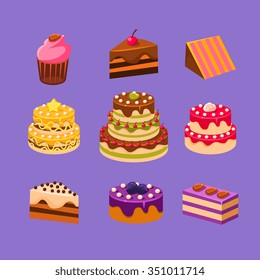 Cakes and Dessert delicious sweets Vector Illustration Set 