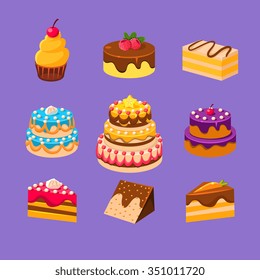 Cakes and Dessert delicious sweets Vector Illustration Set 