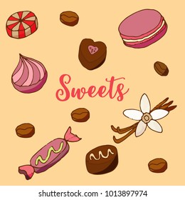 Cakes and dessert icons set. Vector illustration for bakery shop, pastry and patisserie or confectionery