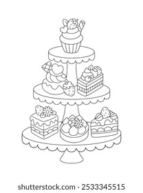 Cakes dessert tiered tray for afternoon Tea Party coloring page illustration