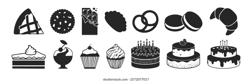 Cakes, desserts and baking icons on transparent background. Sweet dessert of birthday baking with candles, wedding cake, cup cake