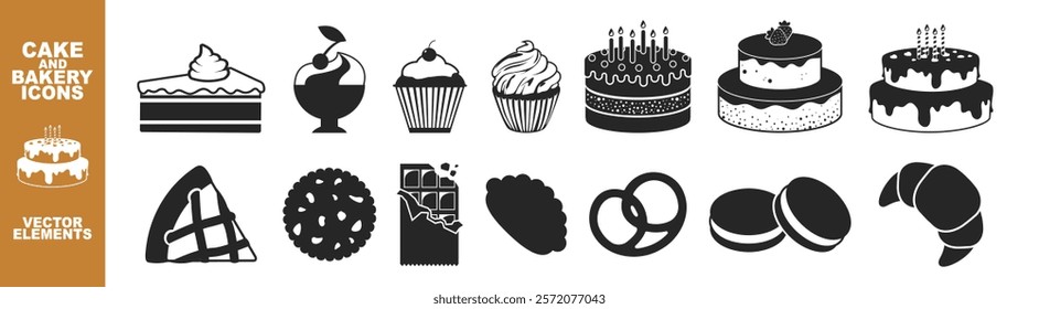 Cakes, desserts and baking icons on transparent background. Sweet dessert of birthday baking with candles, wedding cake, cup cake