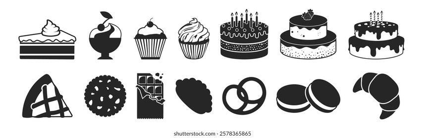 Cakes, desserts and baking icons on transparent background. Sweet dessert of birthday baking with candles, wedding cake, cup cake