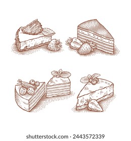 Pasteles y postres. Dibujado a mano ilustraciones de estilo de grabado.