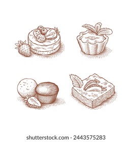 Pasteles y postres. Dibujado a mano ilustraciones de estilo de grabado.