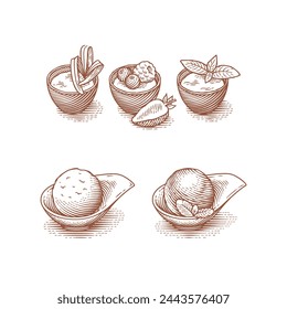 Cakes and desserts. Ice cream. Hand drawn engraving style illustrations. 