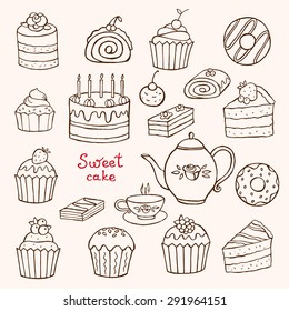 Cakes and desserts vector set doodles on a white background drawn by hand.