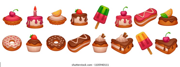 cakes, donuts and desserts, shiny and glossy cartoon objects on white background