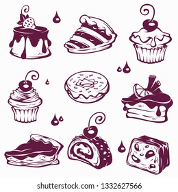 cakes, donuts and desserts, vector images, labes, emblems, cartoon objects on white background