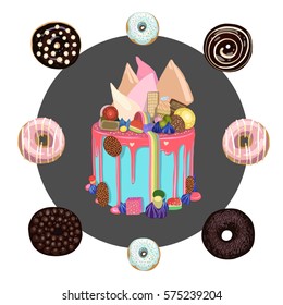 Cakes and donuts vector illustration, desert, tasty food