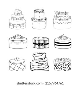 Juego de doodles para pasteles. Ilustración vectorial en blanco y negro