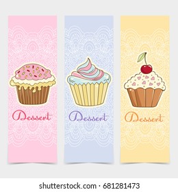 Cakes drawn in a vector in the style of pop art. The illustration can be used for design cafe, fast food restaurant, postcards, flayers, posters, etc.