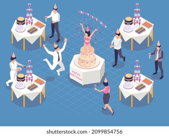 Cakes for events isometric composition with isolated icons characters of waiters serving tables guests and dancer vector illustration