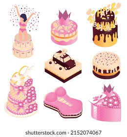 Pasteles para eventos conjunto isométrico con ocho iconos aislados de pasteles personalizados para varios temas de partido ilustración vectorial