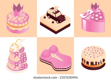 Cakes for events isometric set of square compositions with decorated cream cakes as thematic party gifts vector illustration