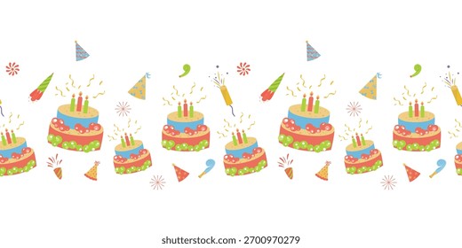 Pasteles y Elementos festivos bordean. Festiva, Ilustración vectorial dibujada a mano festiva. Anuncio inconsútil para el diseño del día de fiesta, Fondo de pantalla, decoración, empaquetado, tela, postales