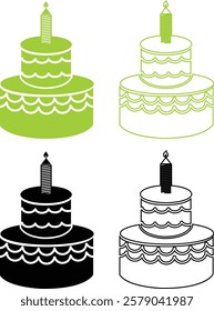 Cakes flat or line icon set collection. Vector of different types of beautiful modern cakes such as chocolate cake, Napoleon cake, tiramisu , eclair and cheesecake. Isolated on transparent background.