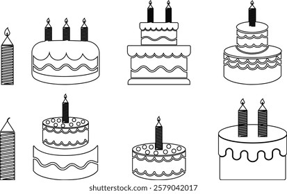 Cakes flat or line icon set collection. Vector of different types of beautiful modern cakes such as chocolate cake, Napoleon cake, tiramisu , eclair and cheesecake. Isolated on transparent background.